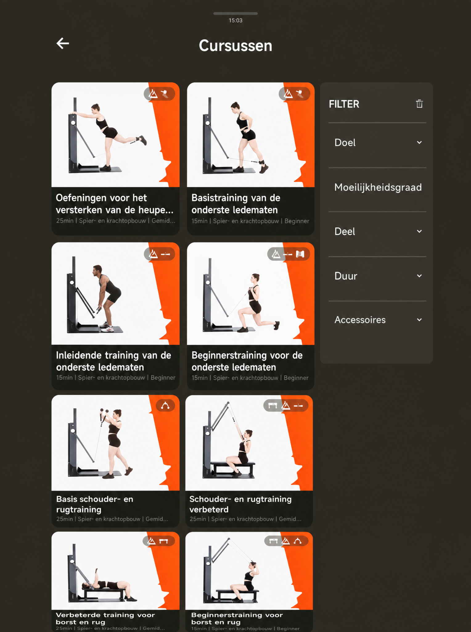 Oefeningen en trainingsfilters op het IMBODY-scherm